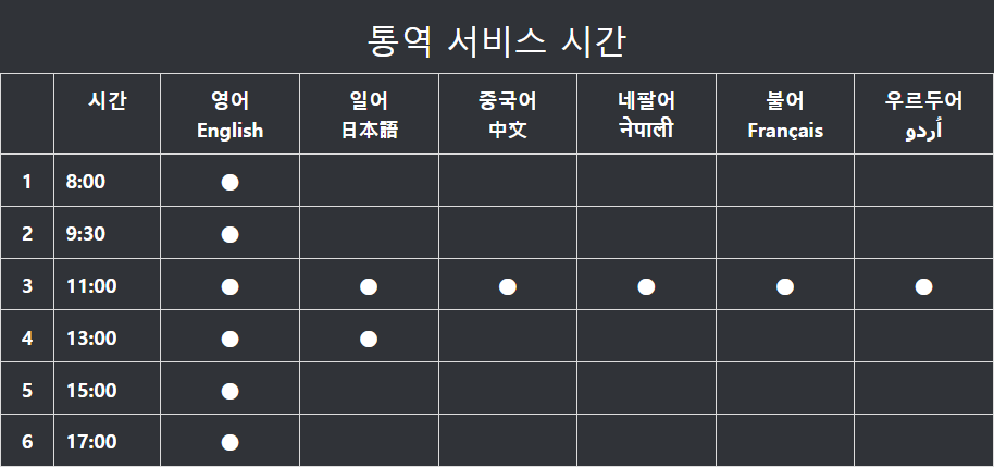 통역 서비스 시간표 (Interpretation service schedule)